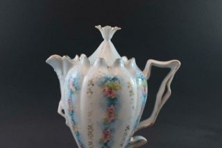 Antique RS Prussia Porcelain Chocolate Pot Blown Out Handle Pink Roses 2