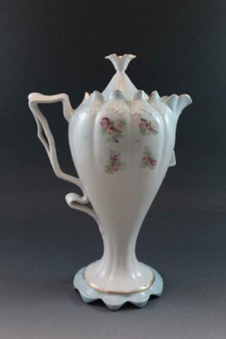 Antique RS Prussia Porcelain Chocolate Pot Blown Out Handle Pink Roses 5