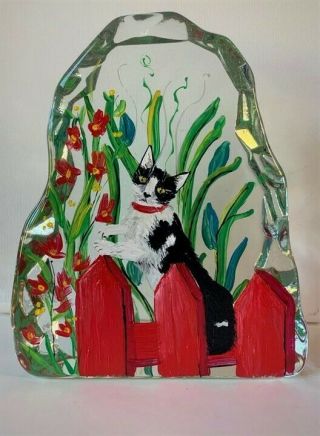 Fenton Heavy Large Paperweight Black & White Cat On Red Fence Ooak Rachelle