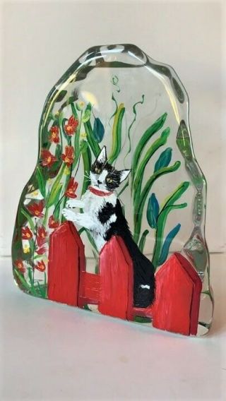 Fenton Heavy Large Paperweight Black & White CAT on Red Fence OOAK Rachelle 2