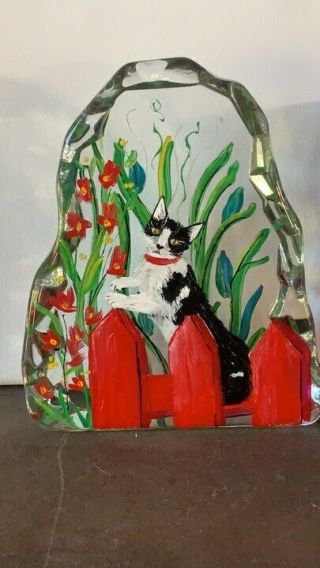 Fenton Heavy Large Paperweight Black & White CAT on Red Fence OOAK Rachelle 3