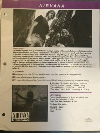 Rare Error In 1991 Nirvana Nevermind Press Kit Release Sheet Kurt Cobain
