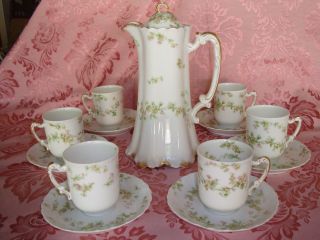 Haviland Limoges Antique Chocolate / Coffee / Tea Set,  Pot & 6 Cups Pink Flowers