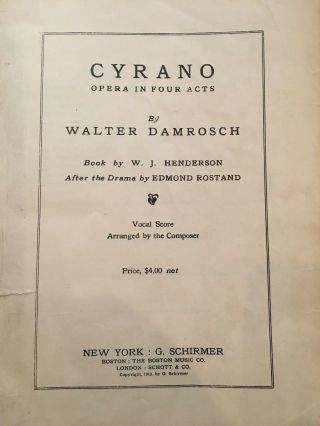 Cyrano Damrosch Alda Amato Orig.  Score1913 Premier Metropolitan Opera Antique