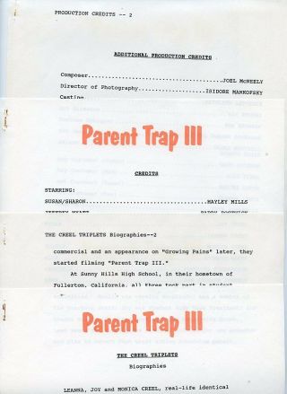 The Creel Triplets Hayley Mills Parent Trap Iii Rare 1987 Nbc Tv Press Material