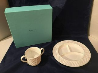 Tiffany & Co.  Weave Fine Bone China 2 Handled Cup W/ 3 Section Plate & Box
