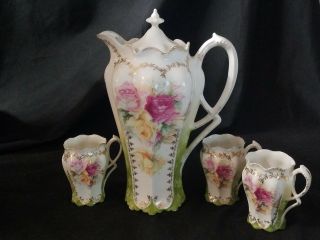 Antique Rs Prussia Chocolate Pot Yellow Pink Roses With Cups