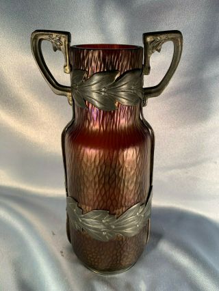 Antique Metal Framed Bohemian Iridescent Art Glass Vase Kralik? - Low Usa Ship