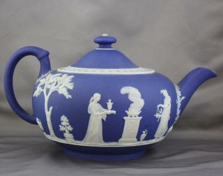 Antique Wedgwood Only Cobalt Dip Jasperware Teapot 19th Century Classical Relief 3