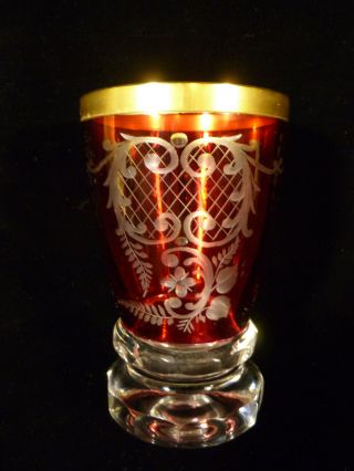 Bohemian Etched Cranberry & Gilt Glass Crystal Tumbler Goblet – Circa 1930