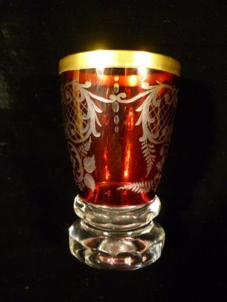 BOHEMIAN ETCHED CRANBERRY & GILT GLASS CRYSTAL TUMBLER GOBLET – CIRCA 1930 2