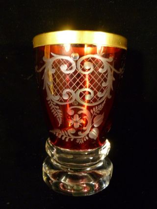 BOHEMIAN ETCHED CRANBERRY & GILT GLASS CRYSTAL TUMBLER GOBLET – CIRCA 1930 3