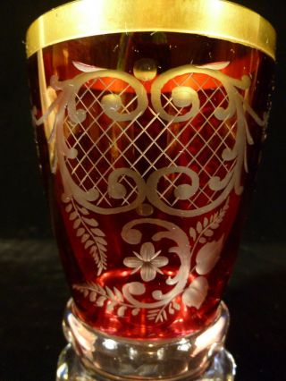 BOHEMIAN ETCHED CRANBERRY & GILT GLASS CRYSTAL TUMBLER GOBLET – CIRCA 1930 4