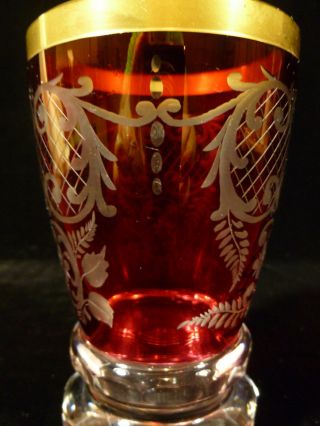 BOHEMIAN ETCHED CRANBERRY & GILT GLASS CRYSTAL TUMBLER GOBLET – CIRCA 1930 5