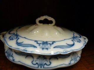 Rare W.  H.  Grindley Co.  Lotus Pattern Flow Blue Covered Vegetable Bowl / Tureen