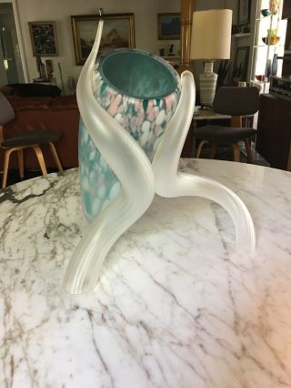 Vintage Early 90’s Drew Smith Studio Hand Blown Art Glass Vase W “horned” Stand