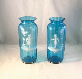 Antique Victorian Mary Gregory Blue Blown Glass Hand Painted Scene Mantle Vase
