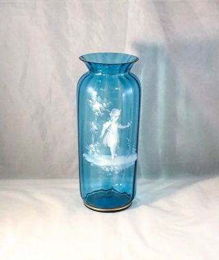 Antique Victorian MARY GREGORY Blue Blown Glass Hand Painted Scene Mantle Vase 2