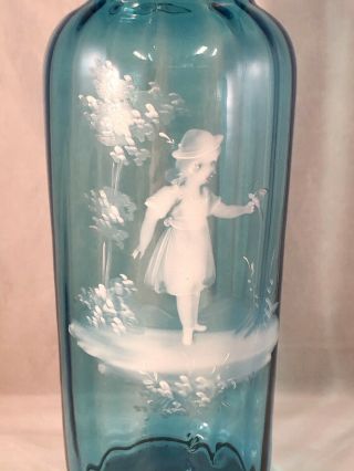 Antique Victorian MARY GREGORY Blue Blown Glass Hand Painted Scene Mantle Vase 3