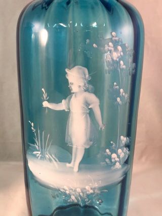 Antique Victorian MARY GREGORY Blue Blown Glass Hand Painted Scene Mantle Vase 4