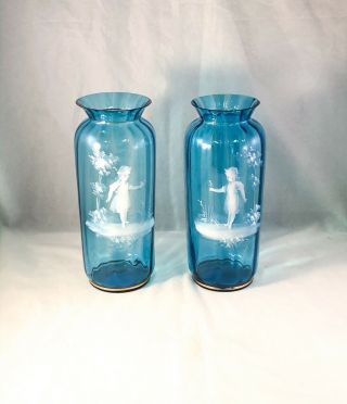 Antique Victorian MARY GREGORY Blue Blown Glass Hand Painted Scene Mantle Vase 5