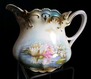 R.  S.  Prussia Hand Painted Water Lily&gold Porcelain Large Pitcher/jug Rare