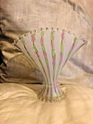 Murano Glass Italy Latticino Zanfirico Pink & Green Twists With White.  Fan Vase