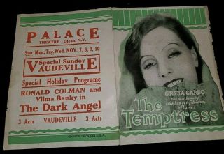 Rare Greta Garbo Movie Flyer The Temptress 1926 - Palace Theatre Olean,  Ny