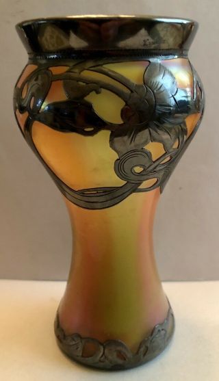 Art Nouveau Loetz Antique Iridescent Art Glass Vase With Sterling & Signed
