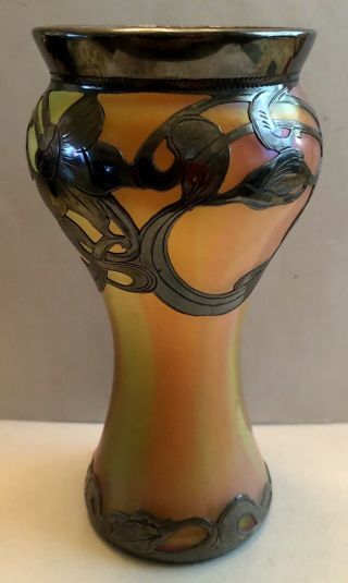 ART NOUVEAU LOETZ ANTIQUE IRIDESCENT ART GLASS VASE WITH STERLING & SIGNED 2