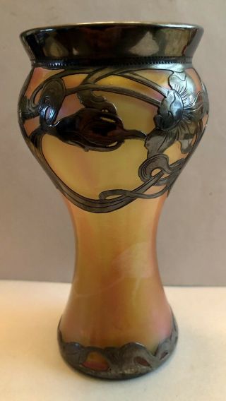 ART NOUVEAU LOETZ ANTIQUE IRIDESCENT ART GLASS VASE WITH STERLING & SIGNED 4