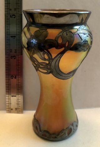 ART NOUVEAU LOETZ ANTIQUE IRIDESCENT ART GLASS VASE WITH STERLING & SIGNED 5