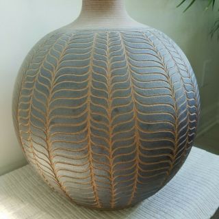 Mid - Century Studio Pottery Signed " Brown " Spherical Incised Stoneware Lrg Lamp