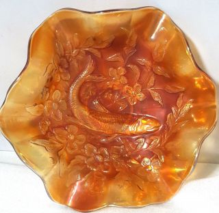 Millersburg Trout And Fly Carnival Glass Ruffled Bowl In Marigold