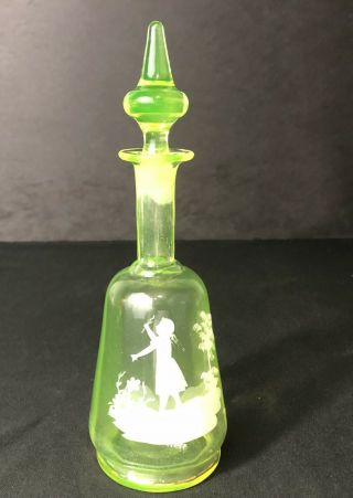 Antique Vaseline Glass Mary Gregory Decanter Bottle Orig Stopper Uranium Painted