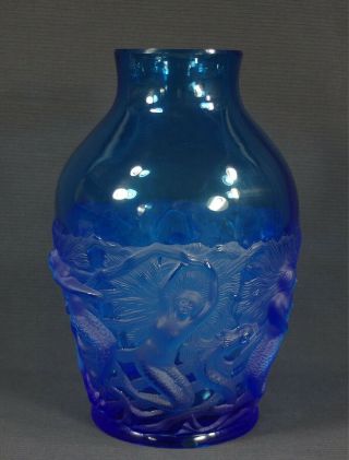 Art Deco 1930s Verlys Cobalt Blue French Art Glass Vase Mermaids Pierre D 