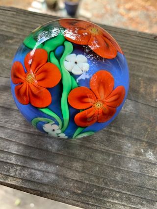 Vintage Rare Orient & Flume Red,  White & Blue Flower Paperweight