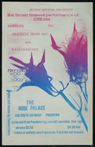 Grateful Dead Santana Kaleidoscope Rose Palace Pasadena Ca 1969 Concert Handbill