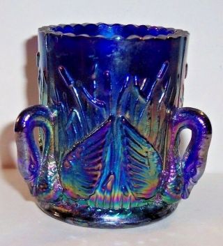 Vintage Swan & Cattail Cobalt Blue Carnival Glass Toothpick Holder Mixed Color