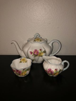 Vintage Shelley Porcelain Begonia Pattern Tea Pot Sugar And Creamer 13427