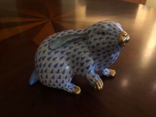 Herend Bunny With Paw Up - Blue Fishnet,  Blue On White W/ 24k Gold Trim