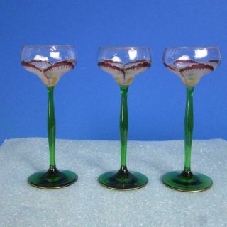 Theresienthal Art Nouveau Bohemian Enameled Flower Art Glass - 3 Cordial Glasses