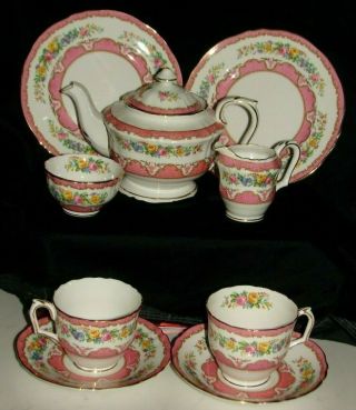 Crown Staffordshire China Pink Tunis Teaset Pot Cream Sugar 2 Teacups 7 " Plates
