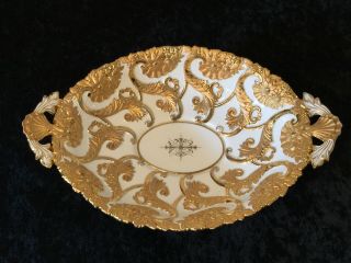 Vintage Authentic Meissen White Gold Porcelain Handled Oval Centerpiece Bowl