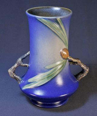 Roseville Blue Pinecone Vase Twig Handles Flawless 8.  25 Inches 842 - 8