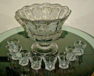 Fostoria Coin Glass Punch Bowl With Pedestal & 8 Cups