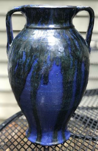 Large 12.  25” Nc Art Pottery Cobalt Blue Double Handled Vase,  Teague/owen/cole?