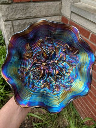 Northwood Carnival Glass Rose Show Ruffled Bowl Amethyst Electric