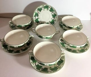 Napoleon Ivy Green Wedgwood 6 Flat Cream Soup Bowls Saucers Queens Ware