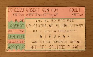 1993 Nirvana San Diego Concert Ticket Stub Kurt Cobain Dave Grohl In Utero Tour